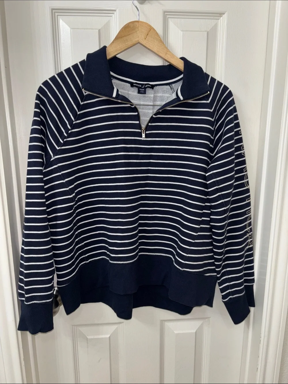 Nautica Navy & White Striped Quarter-Zip Pullover Sweatshirt